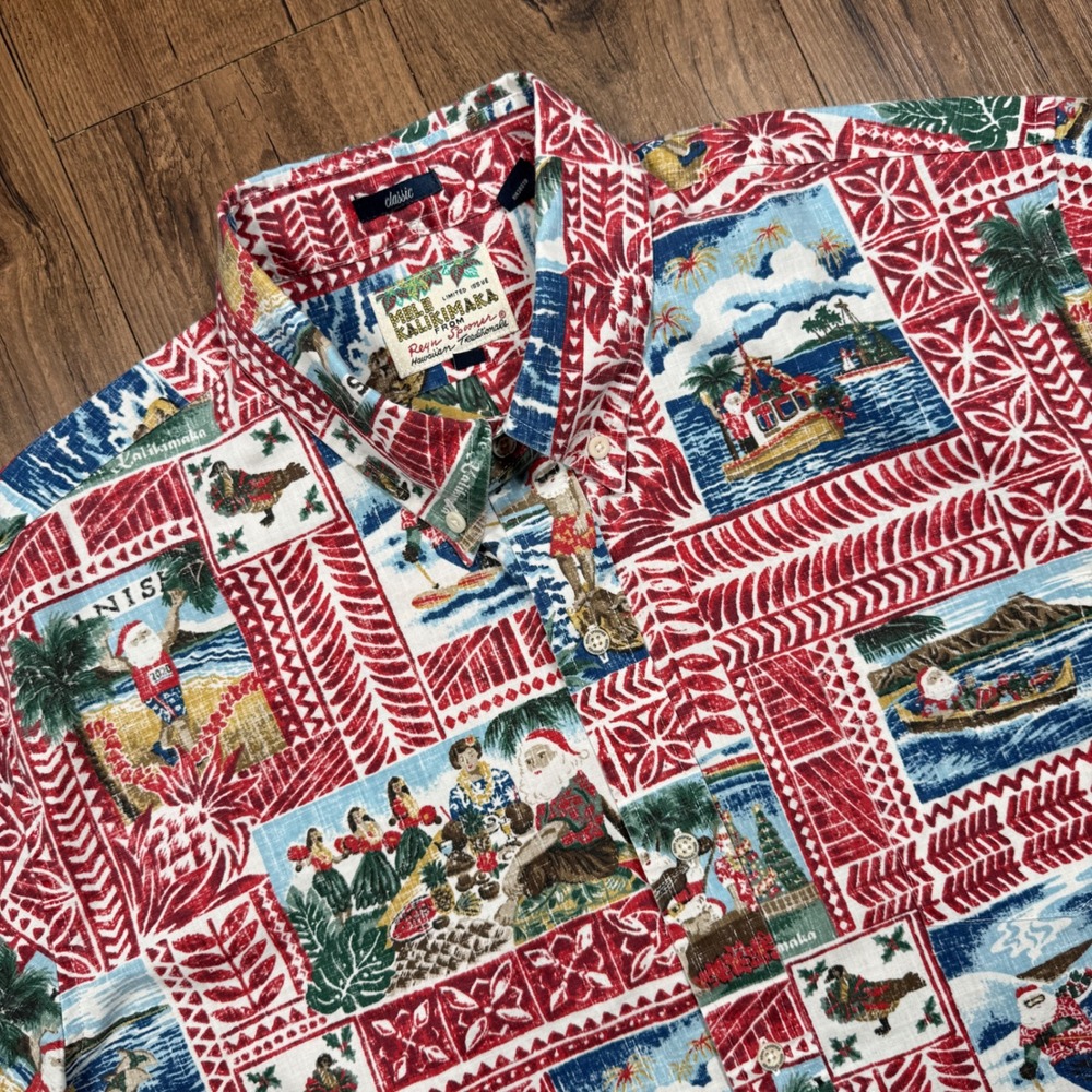 Reyn Spooner Mele Kalikimaka 2020 Christmas Hawaiian Shirt Men XL Red Santa Surf